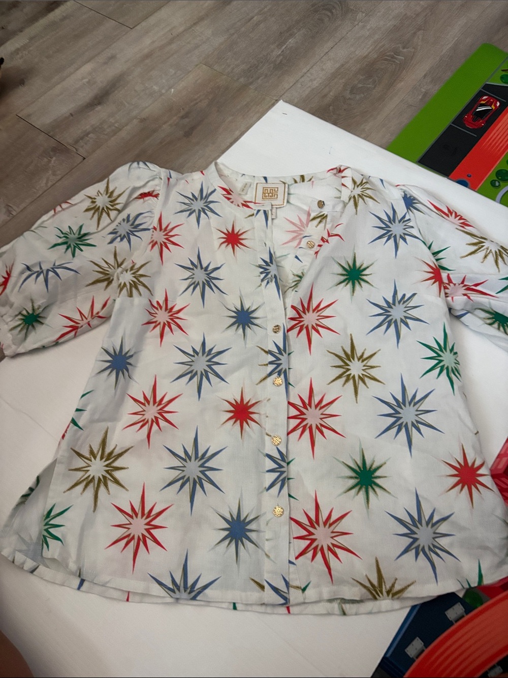 EMILY MCCARTHY White Starburst Button Blouse Size S Linen Cotton Blend